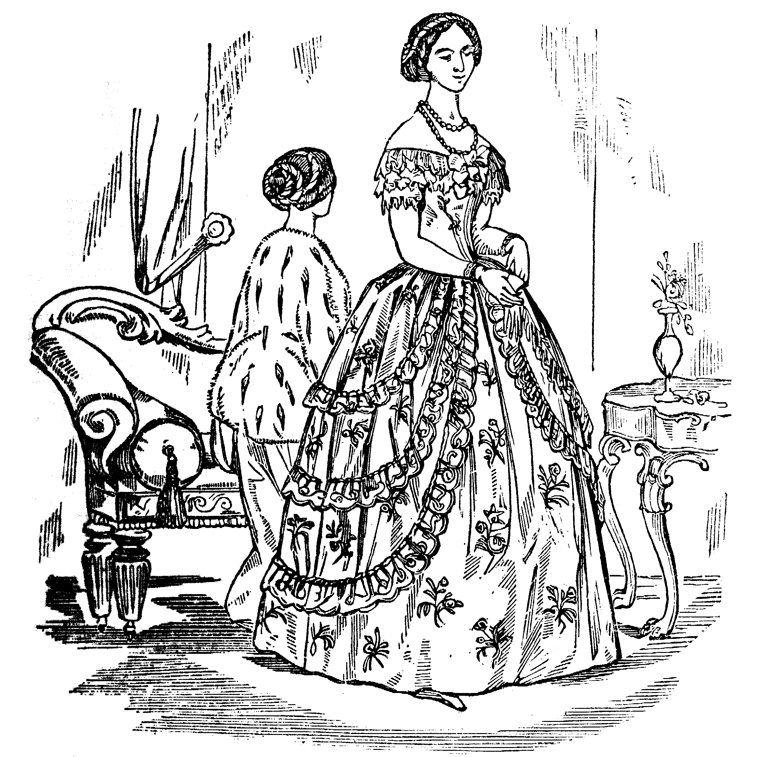 Two fashionable ladies, one seated