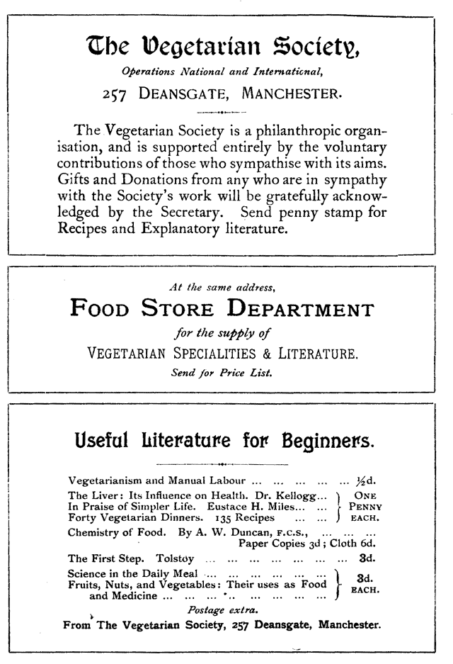 The Vegetarian Society, Food Store Dept and Useful Literature ads