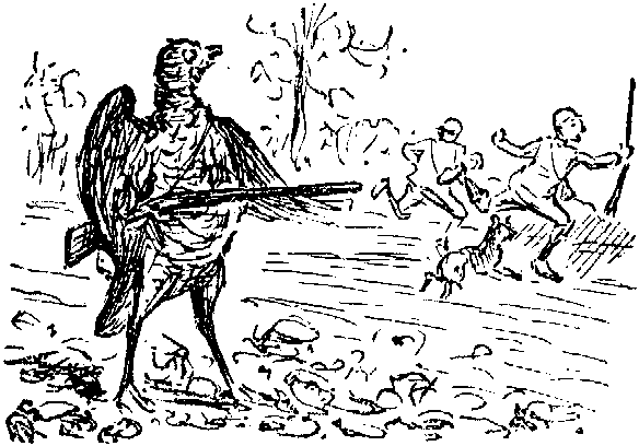 Picture of Woodcock holding a Rifle while Sportsmen run for cover