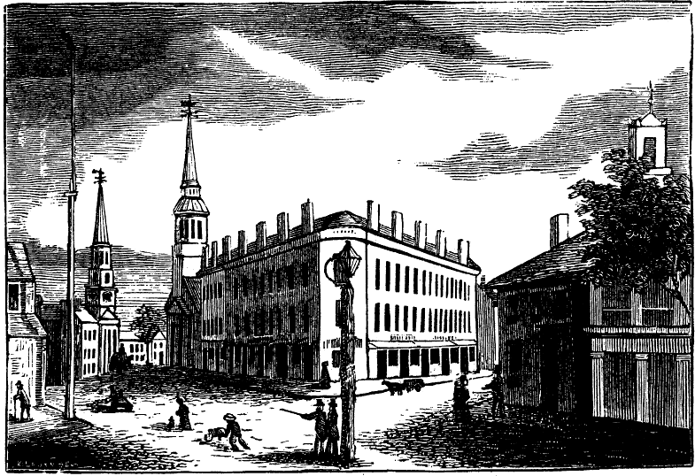 First Baptist Church. Gerrish's Block. First M.E. Church,
Winnisimmet Congregational Church. Park Street.
JUNCTION OF PARK AND WINNISIMMET STREETS--1859.