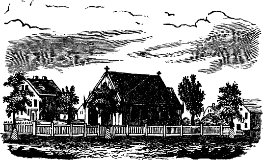 Jonathan Bosson's house.  Deacon Loring's house.
EPISCOPAL CHURCH.
Present site of D. & L. Slade's grain store; burned just after the late
war.