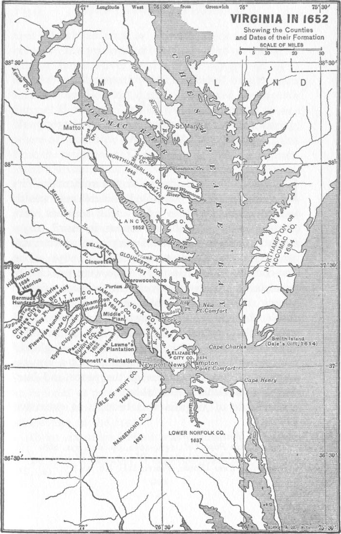 Virginia in 1652. Showing the Counties and Dates Of
Their Formation. This map shows most of Chesapeake Bay and
the Potomac River, spanning approximately
36°10' to 38°50' North and 77°30' to 75°25' West