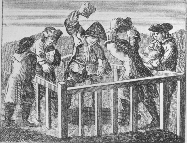 The Bloody Smugglers flinging down Stones after they
had flung his Dead Body into the Well.