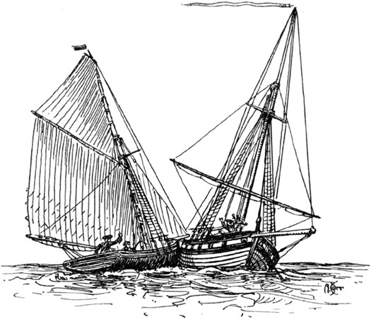 "Came charging down ... striking her on the quarter."