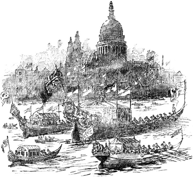 A grand procession of decorated barges from Whitehall to Limehouse.