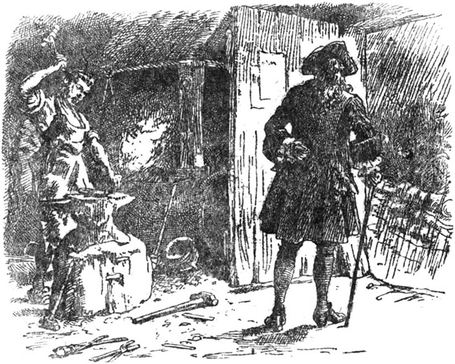 The strokes of his hammer on the anvil kept time to his song.