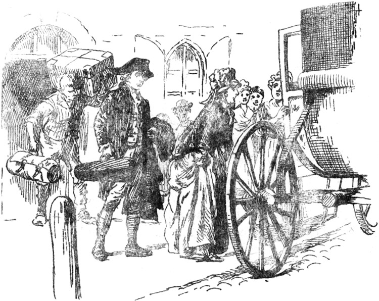The carriage which was to convey the travellers drew up at the door.