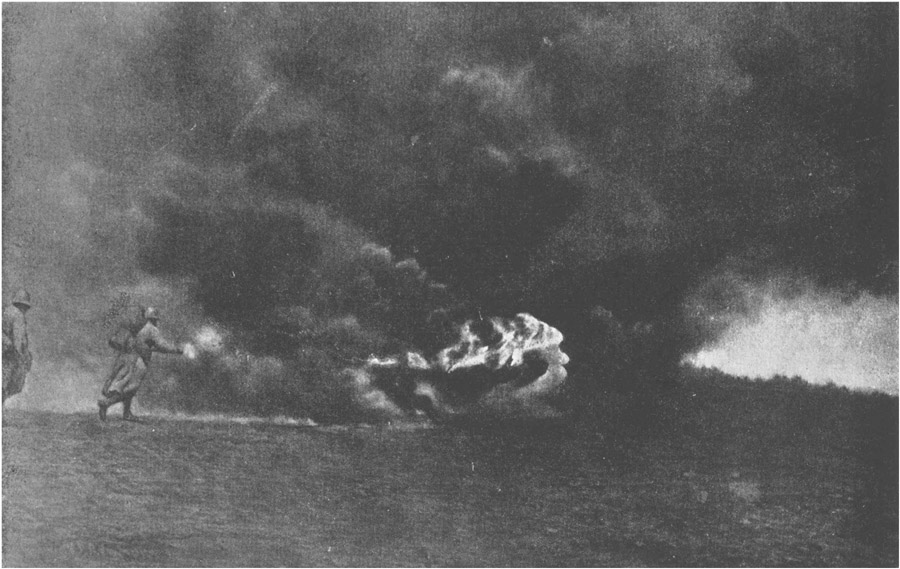 FRENCH SOLDIERS ADVANCING UNDER COVER OF LIQUID FIRE.