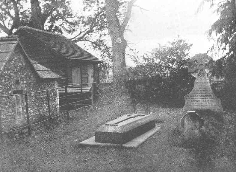 Edward FitzGerald’s gravestone in Boulge 
churchyard; at the head of the grave is a rose bush raised from 
seed brought from Omar’s tomb