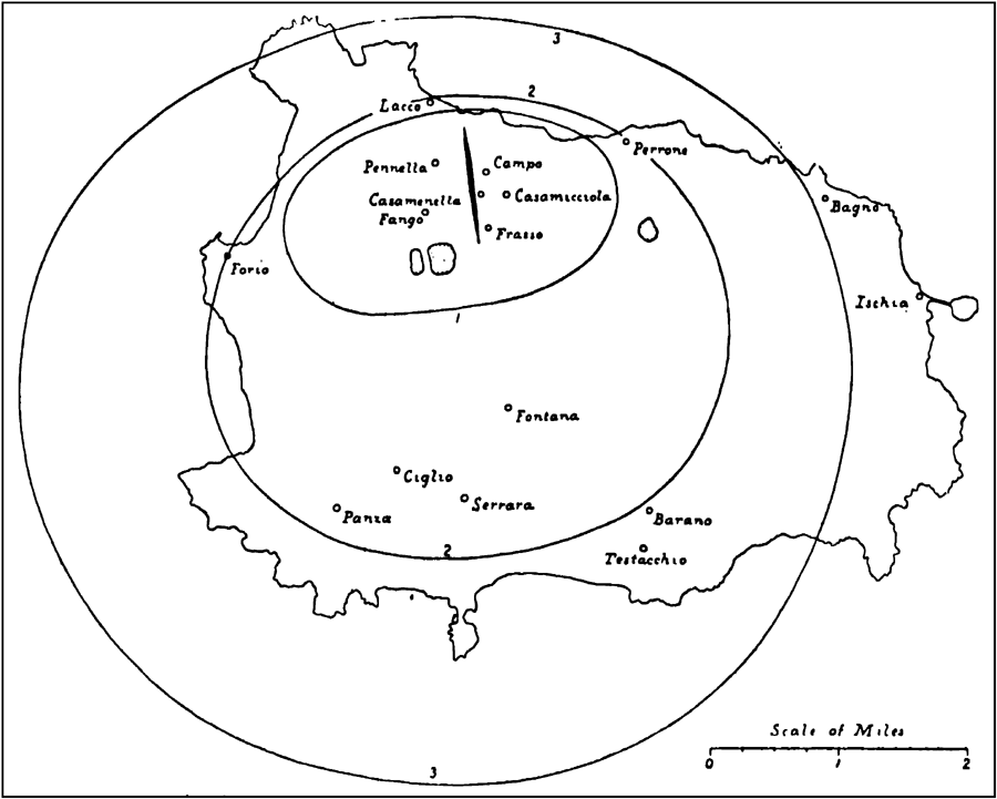 Isoseismal lines of the Ischian earthquake of 1883.
