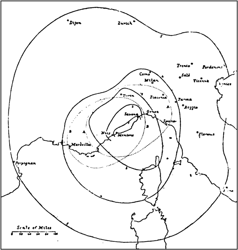 Isoseismal lines of the Riviera earthquake.