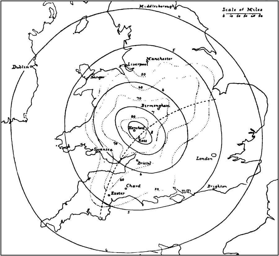 Isoseismal and Isacoustic lines of Hereford earthquake.