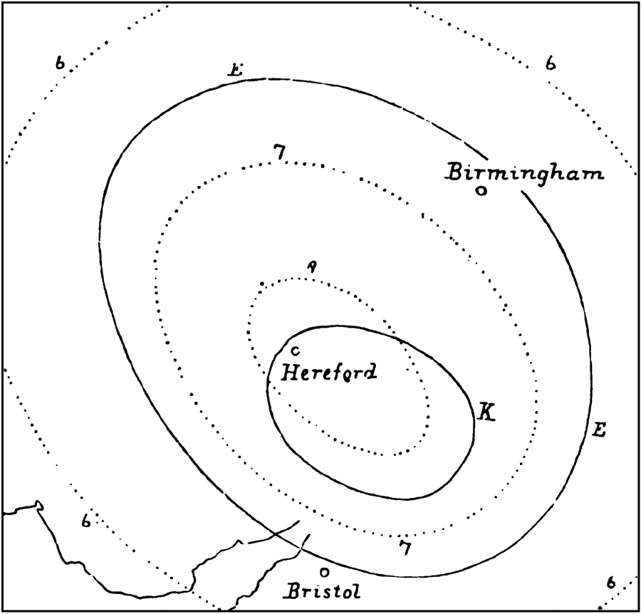 Map of minor shocks of Hereford earthquake.