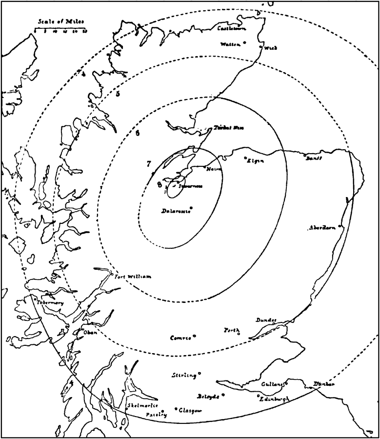 Isoseismal lines of the Inverness earthquake.