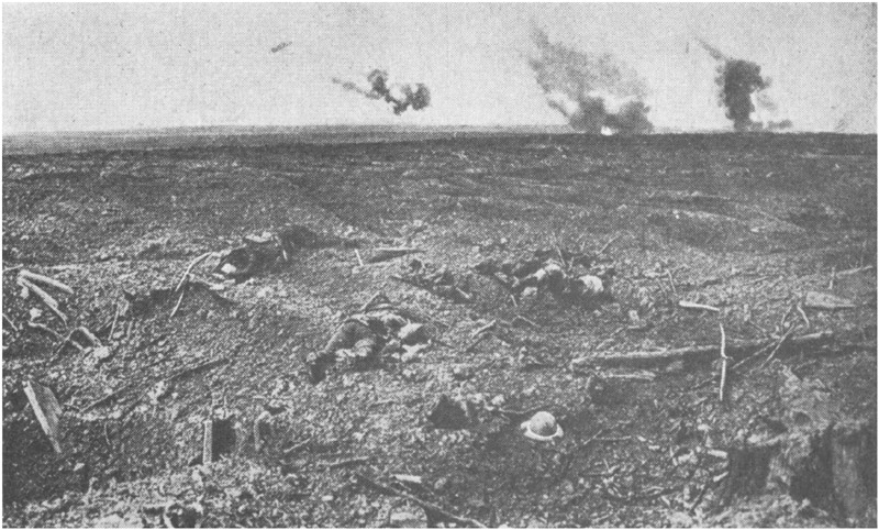 High Explosives Bursting over German Trenches