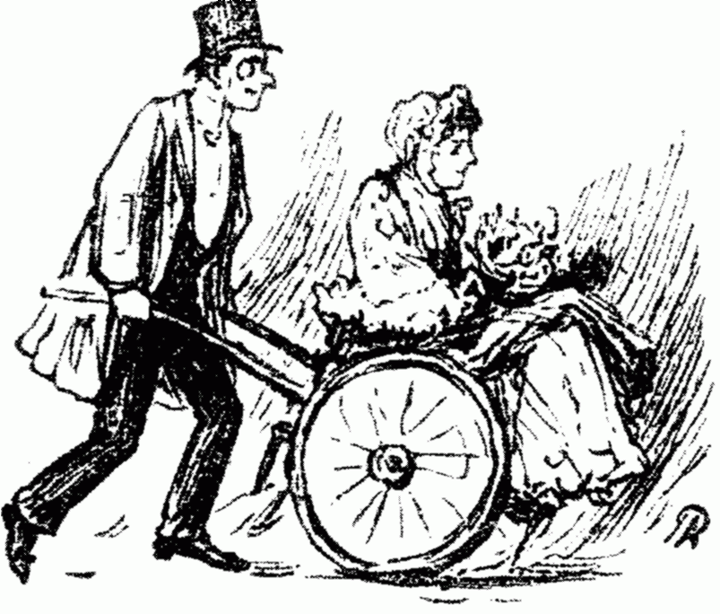 Male pushing female in a wheelchair