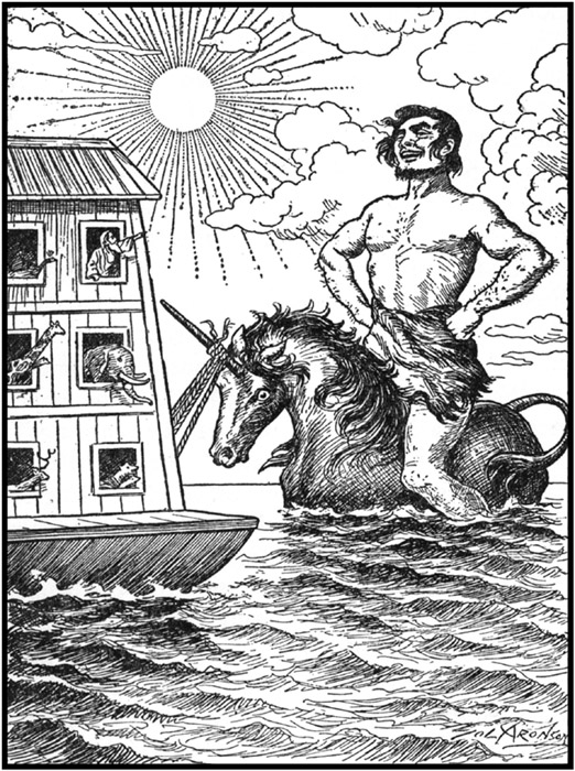 Og, riding gaily on the unicorn behind the Ark, was quite happy.