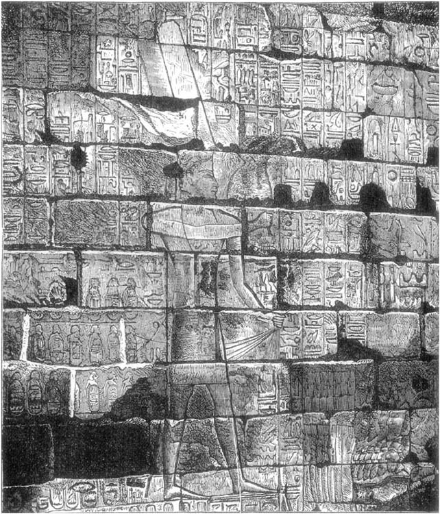 SHISHAK AND HIS CAPTIVES ON SCULPTURED WALL AT KARNAC.