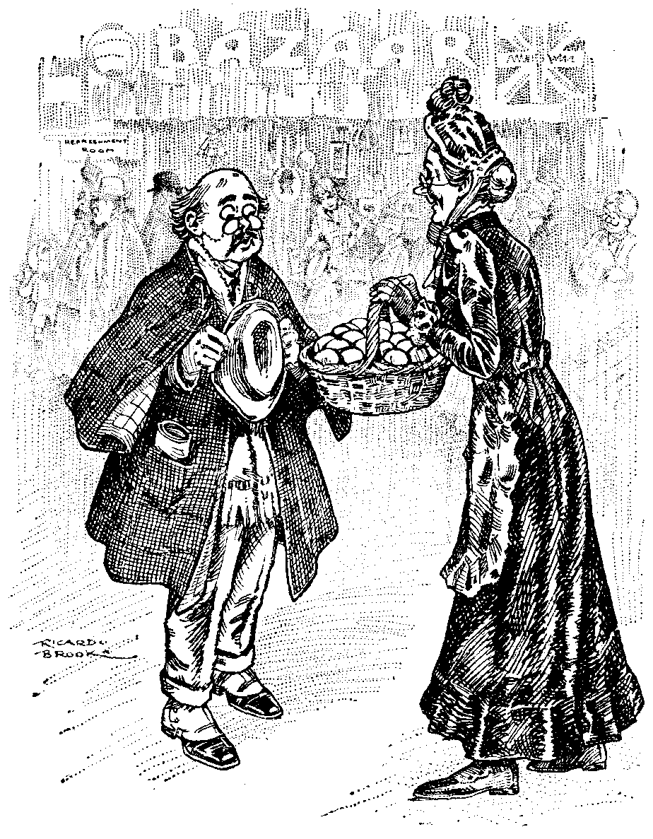 AT OUR PATRIOTIC BAZAAR.

Devoted Stall-holder. "I hardly like to ask you, Mr.
Thrush, but the Committee would be so grateful if
you would write one of your sweet verses on each
of these eggs for wounded soldiers!"