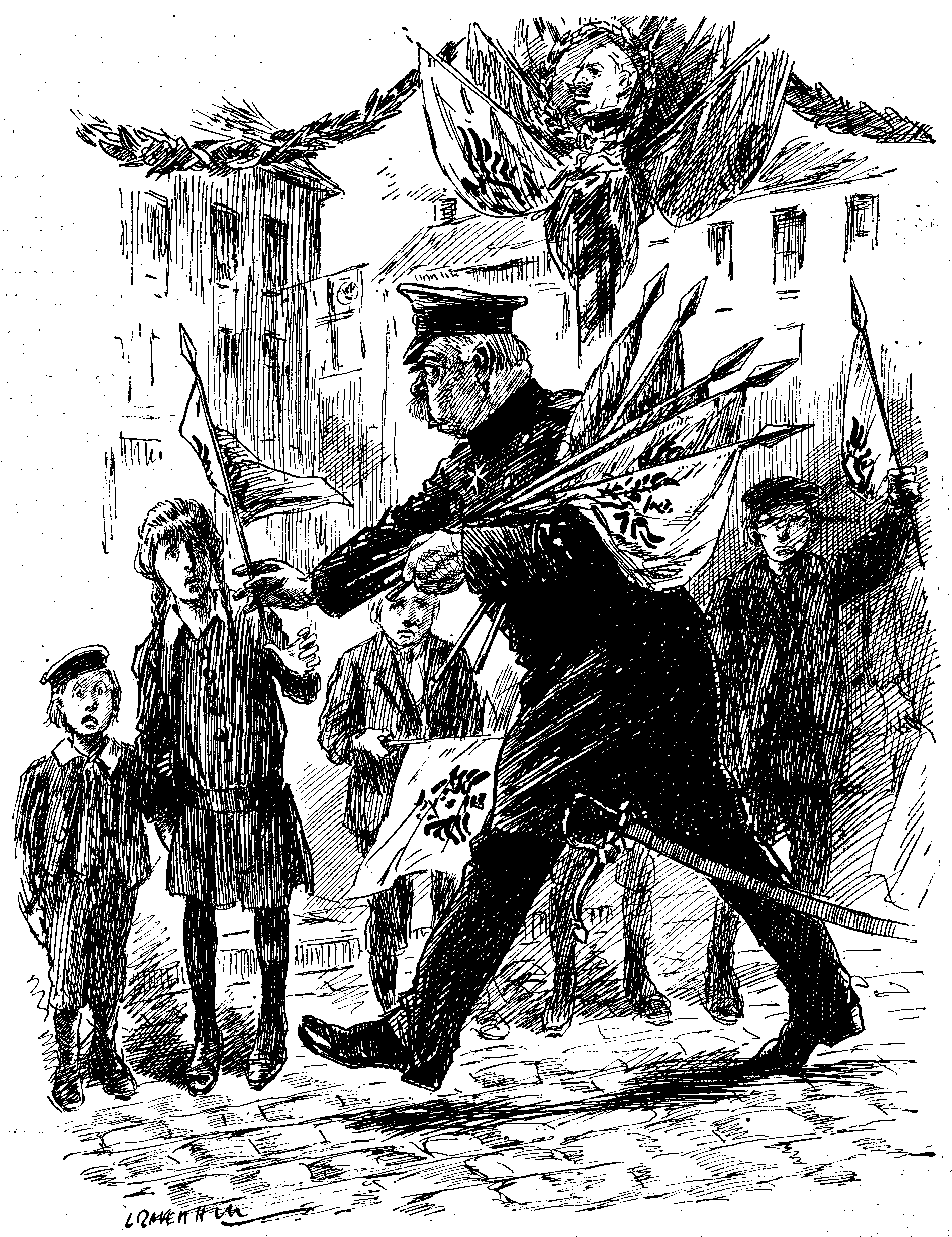 A GERMAN HOLIDAY.

Child. "PLEASE, SIR, WHAT IS THIS HOLIDAY FOR?"

Official. "BECAUSE OUR ZEPPELINS HAVE CONQUERED ENGLAND."

Child. "HAVE THEY BROUGHT US BACK ANY BREAD?"

Official. "DON'T ASK SILLY QUESTIONS. WAVE YOUR FLAG."