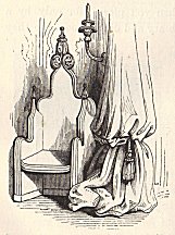 Monastic chair and damask curtains