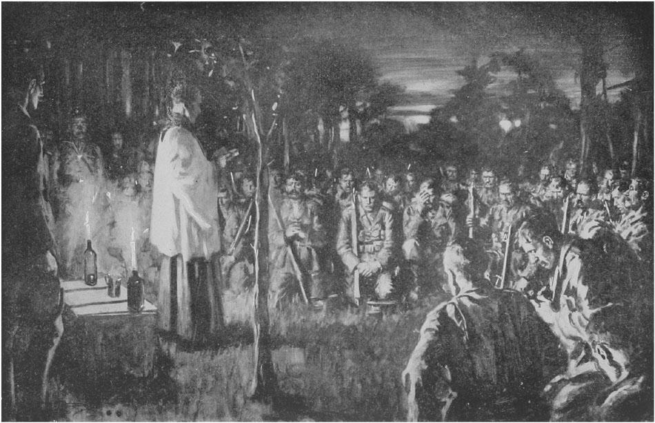 A "PADRE" HOLDING A SUNDAY EVENING SERVICE ON THE FIELD.