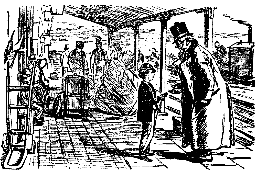 Boy passes ticket to coachman