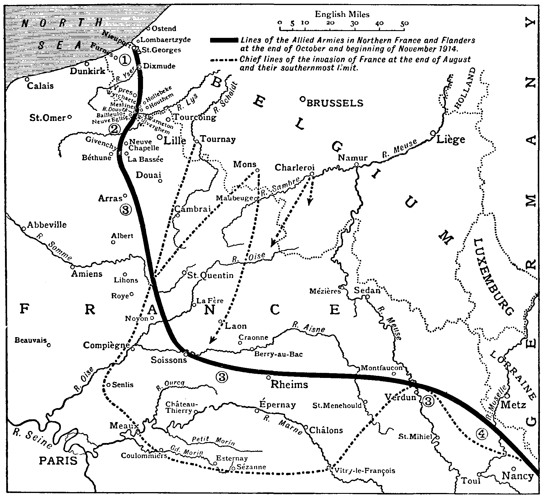 Map showing lines of the Allied Armies in Northern France at the end of October and beginning of November 1914