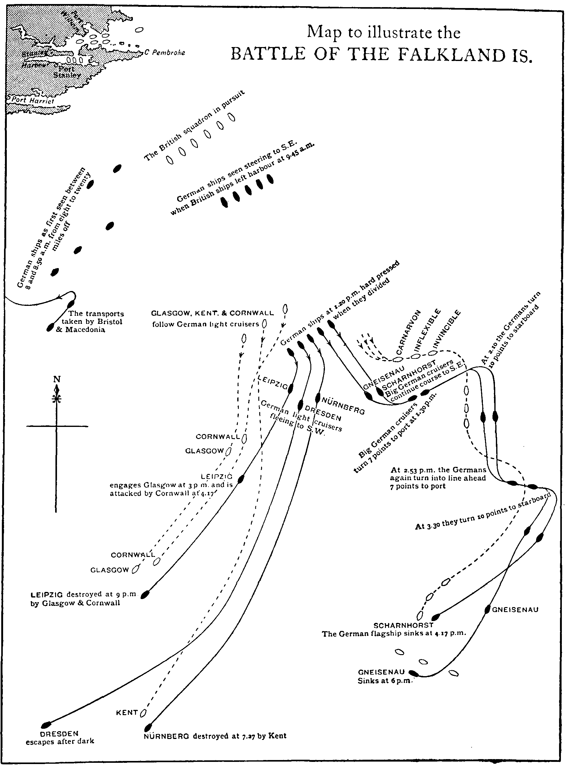 Map to illustrate the Battle of the Falkland Is
