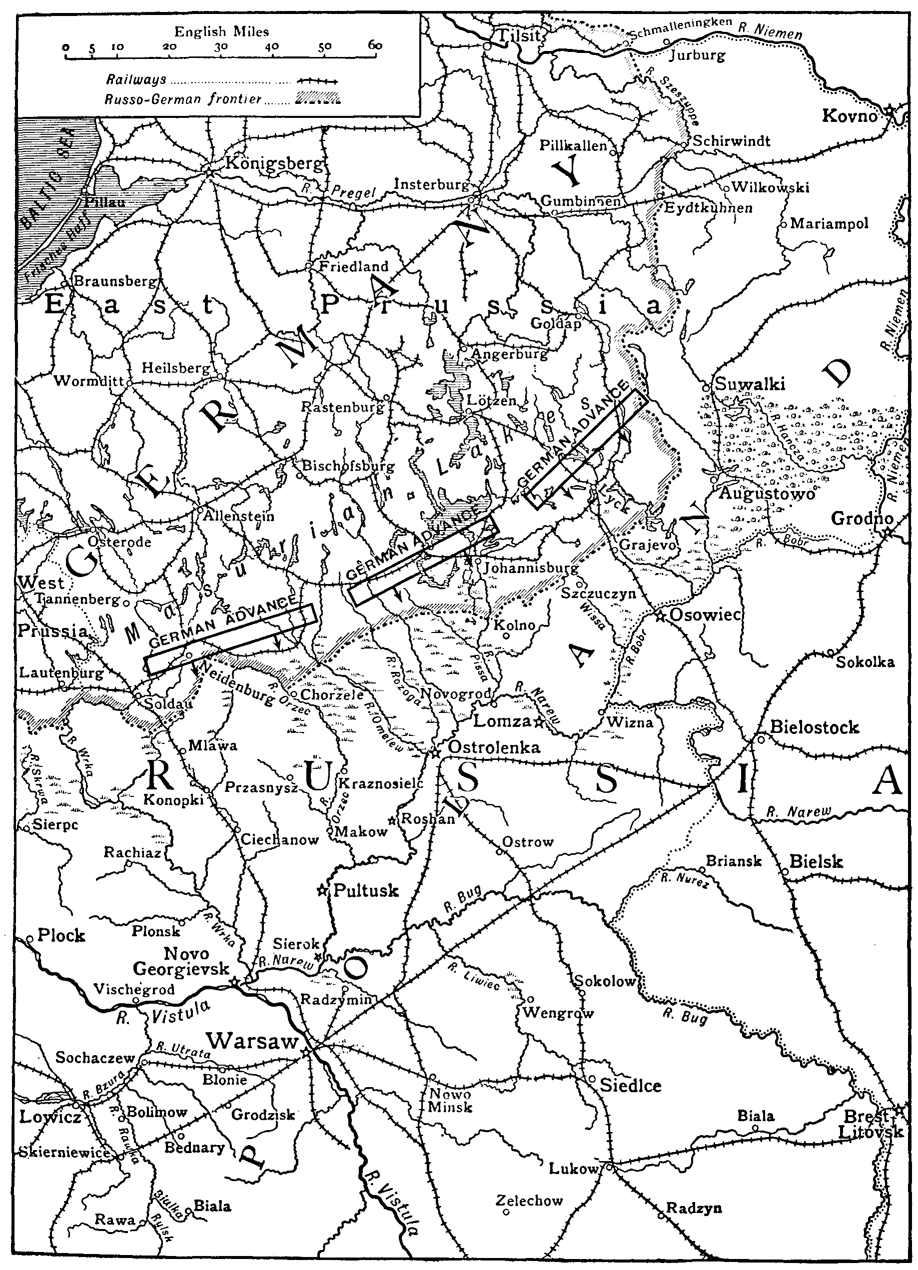 Map to illustrate the German Attack north of Warsaw in February, 1915