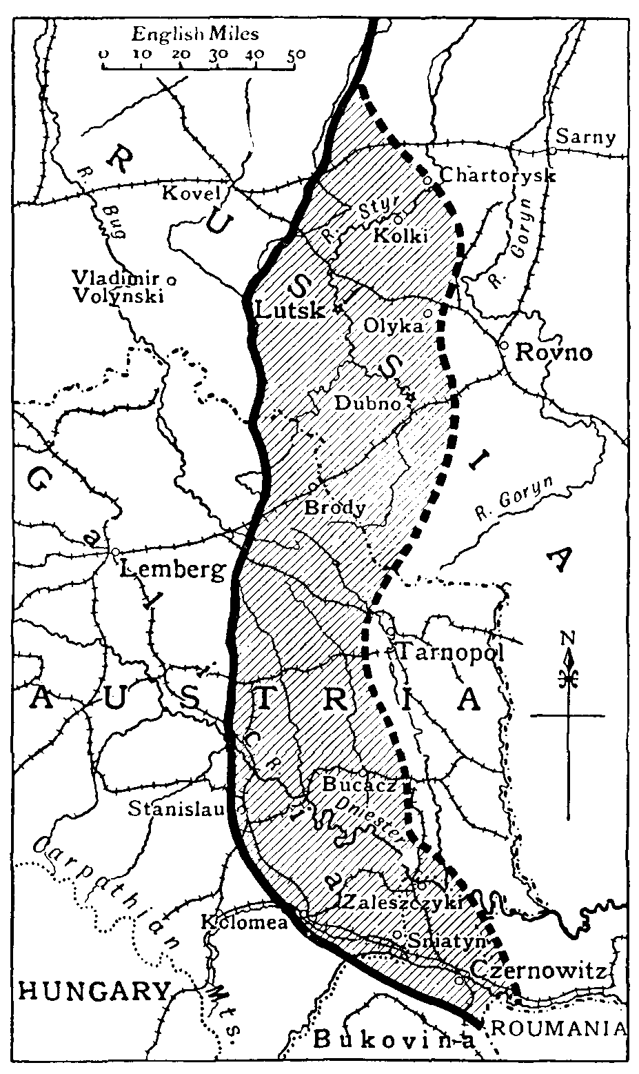 Map illustrating the extent of Russian Recovery in the Summer Campaign of 1916