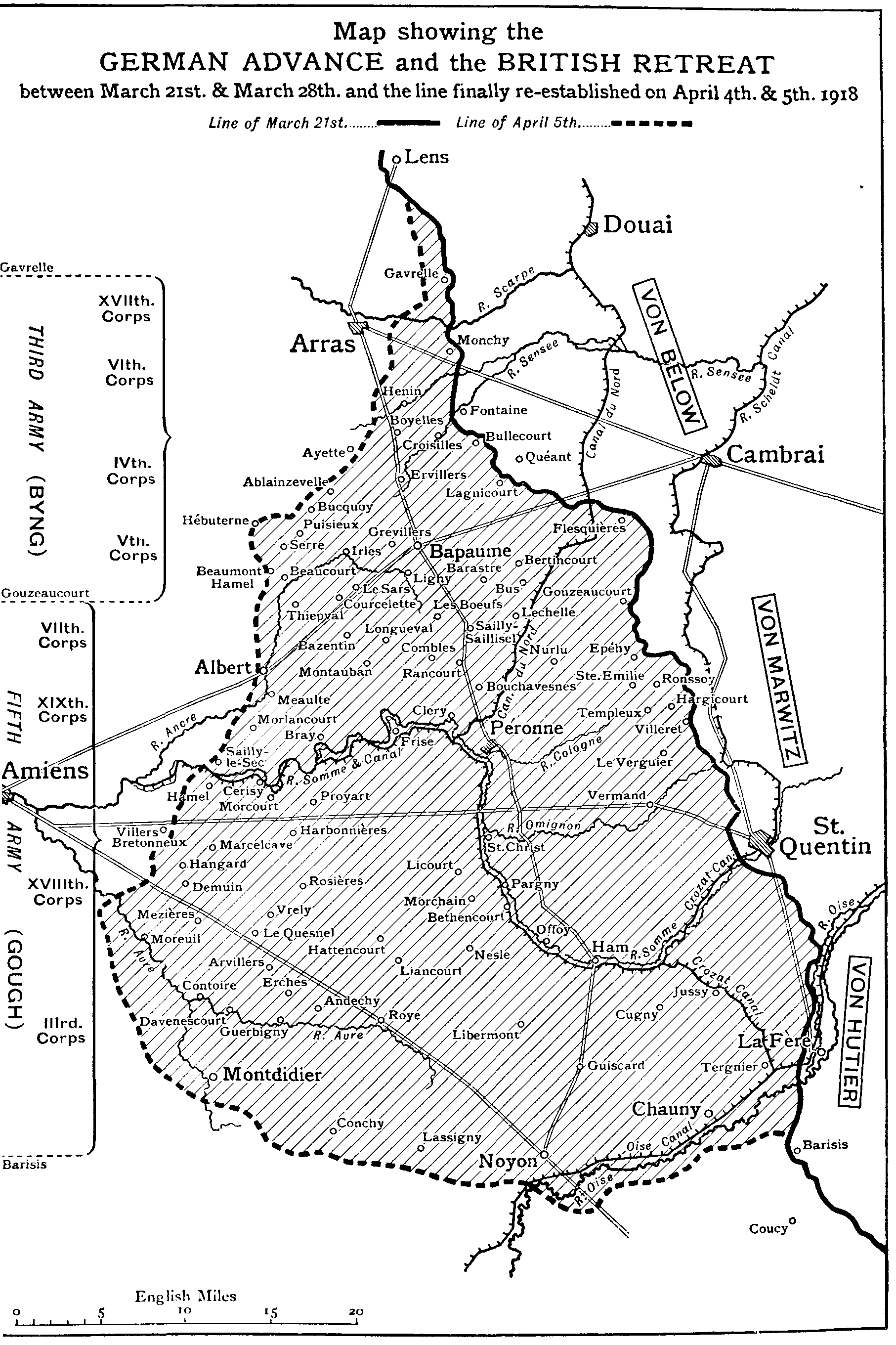 Map showing the German Advance and the British Retreat between March 21st. and March 28th 1918