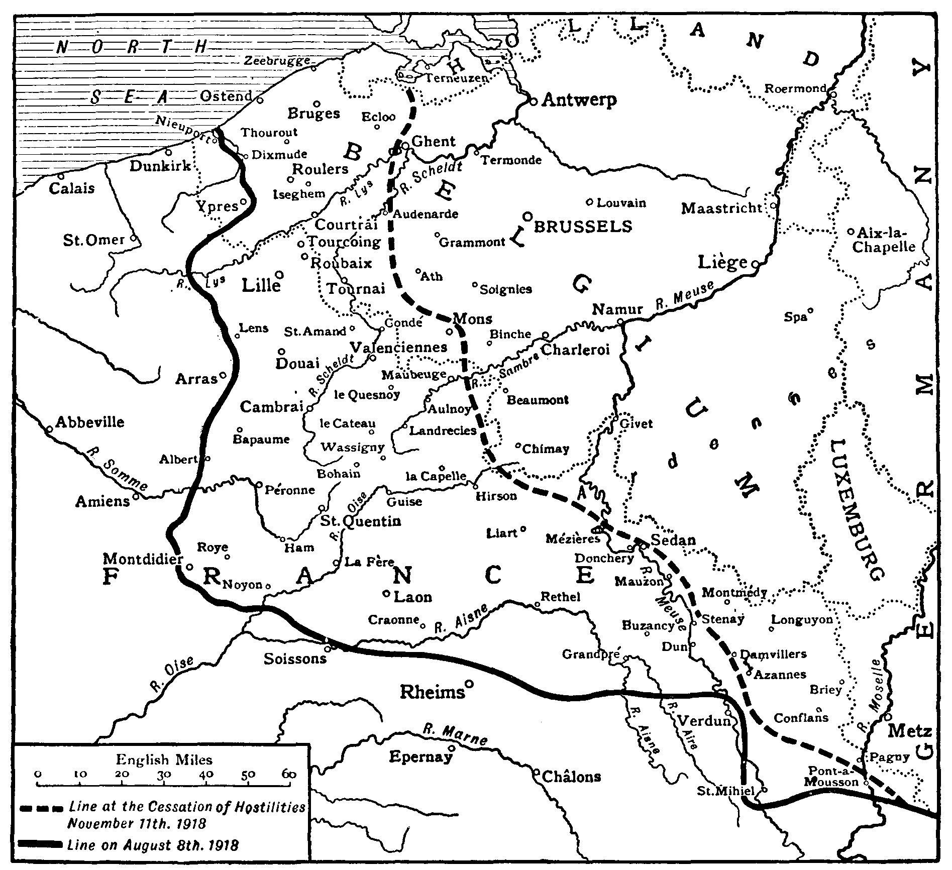 Map of the Allied line on 8th Aug., 1918, and on Armistice Day, 11th Nov., 1918