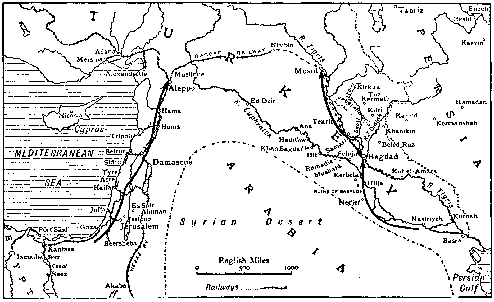 Map showing the converging lines of the main British advances in Mesopotamia and Palestine