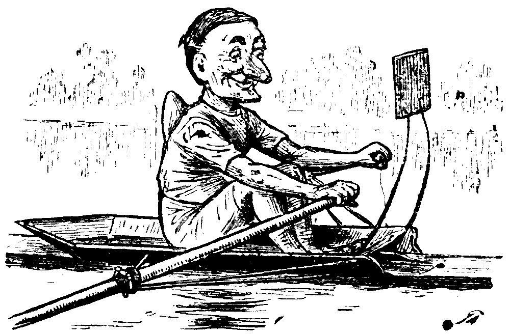 Mr Punch rowing a boat