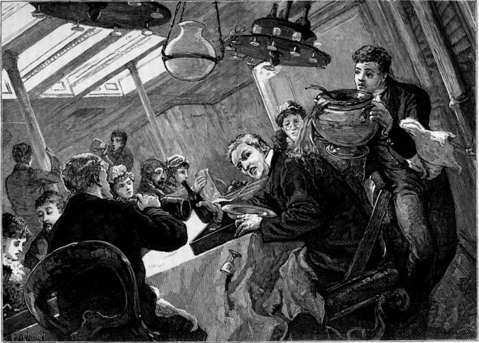 AT DINNER IN THE FIRST-CLASS DINING SALOON OF AN ATLANTIC STEAMSHIP DURING A STORM.