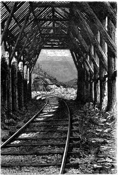 ON THE PACIFIC RAILWAY: THE INTERIOR OF A SNOW-SHED IN THE SIERRA NEVADA.
