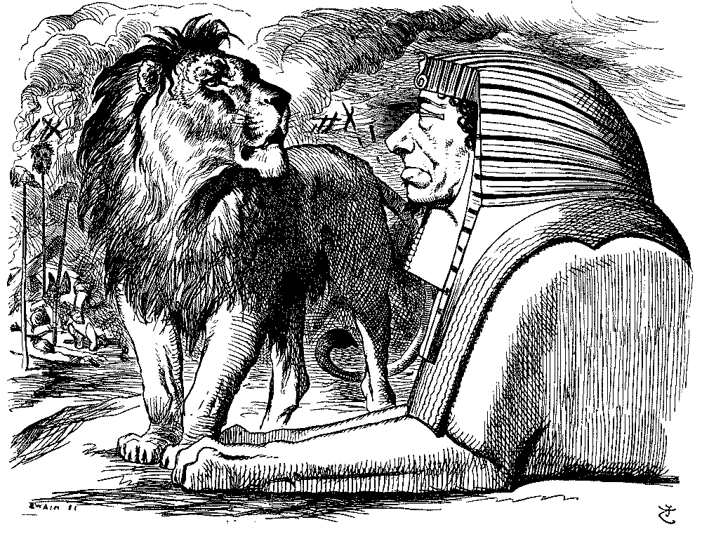 Lion addressing a caricature sphinx.