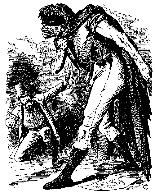 Man fending off giant.