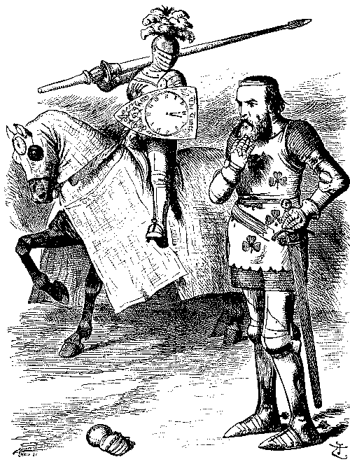 Cartoon. Knight on horse with  a thrown  gaunlet.