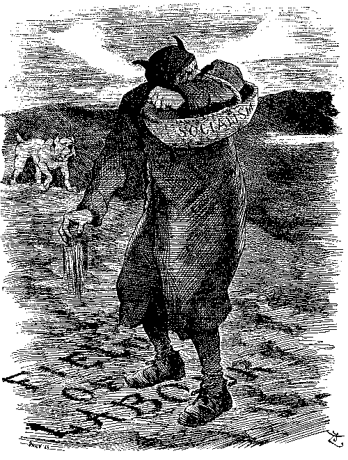 Cartoon. Figure sowing seeds of socialism in field of labour.