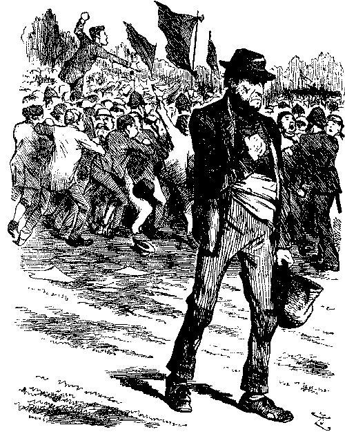 Man  at side of howling mob.