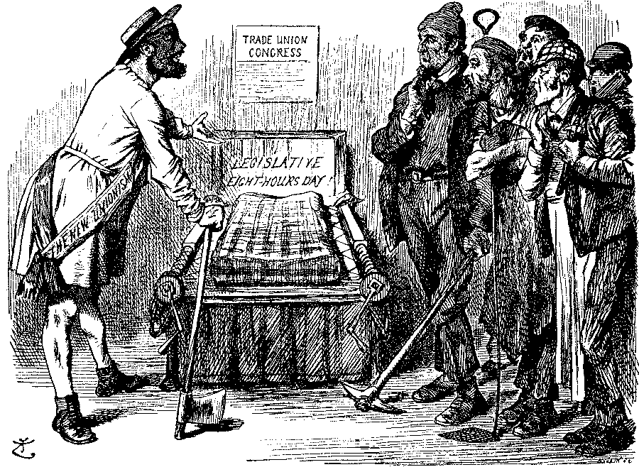 Cartoon. New trade unionist speaking to workers.