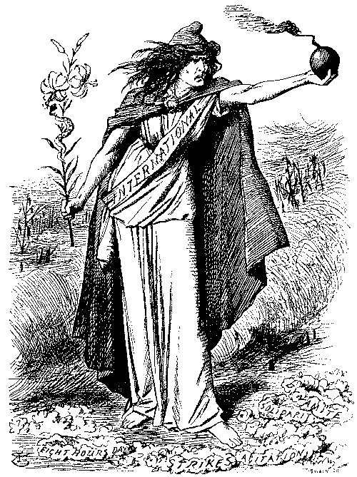 Cartoon. Figure holding smoking bomb.