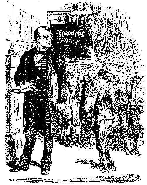 Schoolmaster talking to class of boys.