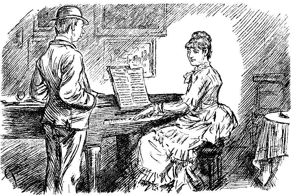 Lady at piano speaking to man.