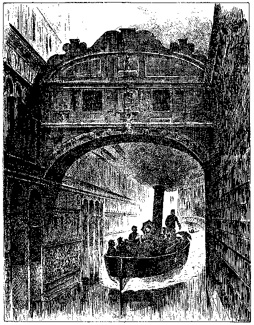 Tourist boat passing under bridge.