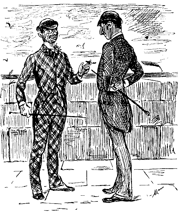 Man in loud suit talking to another.