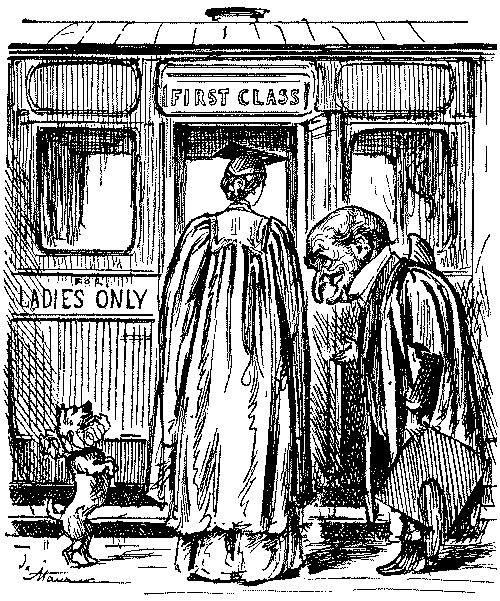 Mr. Punch bowing gowned lady into first class rail carriage.