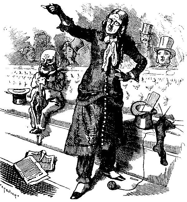 Cartoon, female M.P. with knitting.